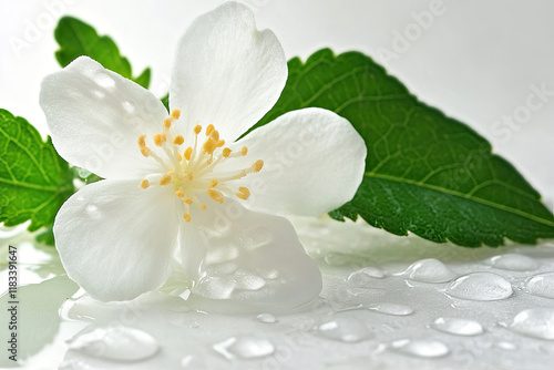 Close-up of a white jasmine flower with delicate petals and green leaves photo