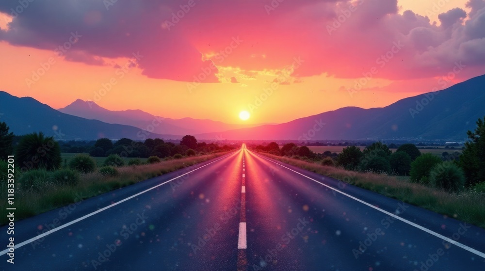 Fototapeta premium Asphalt road leading towards a vibrant sunset over a serene landscape with majestic mountains in the distance.