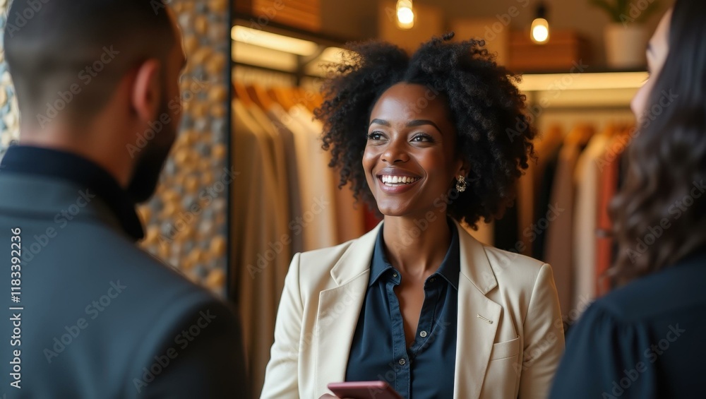 Black woman chatting enthusiastically with visitors sharing story behind her boutique Smiling Black woman opening her new boutique store Black woman chatting enthusiastically with visitors sharing story behind her boutique Smiling Black woman opening her new boutique store