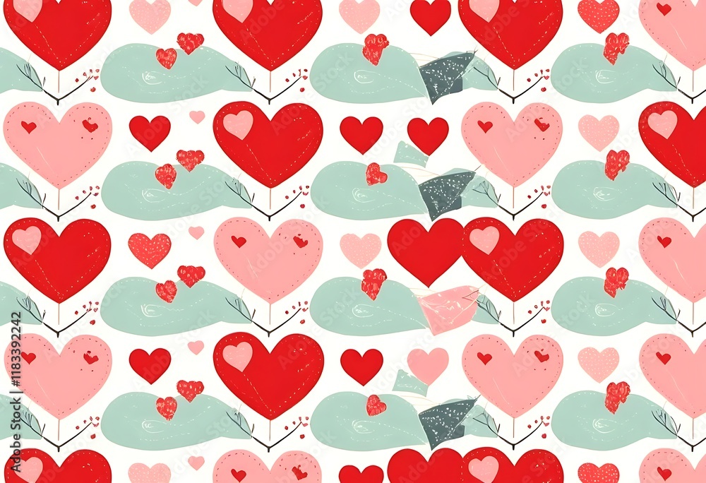 Cute Valentine's Day Pattern of Hearts with Letters. A seamless pattern featuring whimsical stylized hearts in red and pink arranged on a white background Cute Valentine's Day Pattern of Hearts with Letters. A seamless pattern featuring whimsical stylized hearts in red and pink arranged on a white background