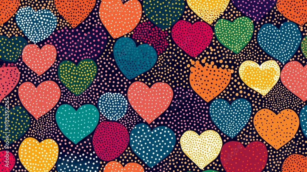 Patterns of dots forming heart shapes in a seamless design. Patterns of dots forming heart shapes in a seamless design.