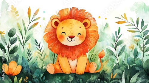 lion Cute Watercolor Painting Vacation Theme photo