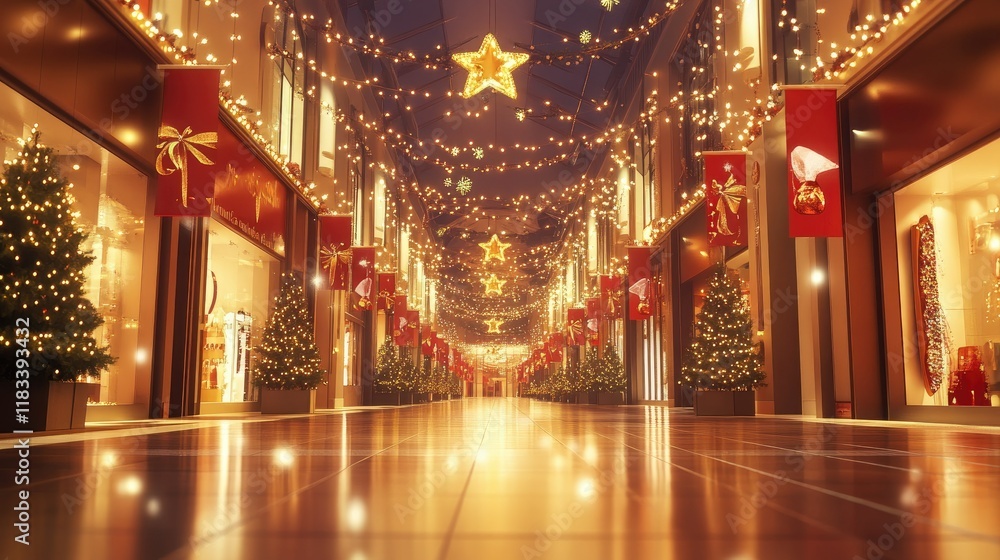 Obraz premium Luxury shopping mall interior adorned with festive lights and banners, clear copy space available