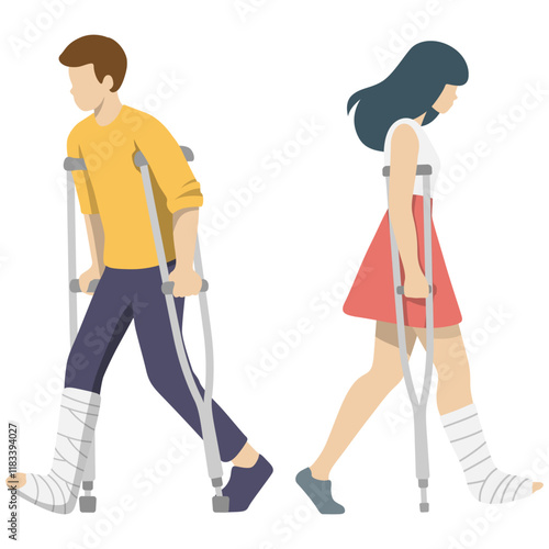 Man and Woman Walking on Crutches.