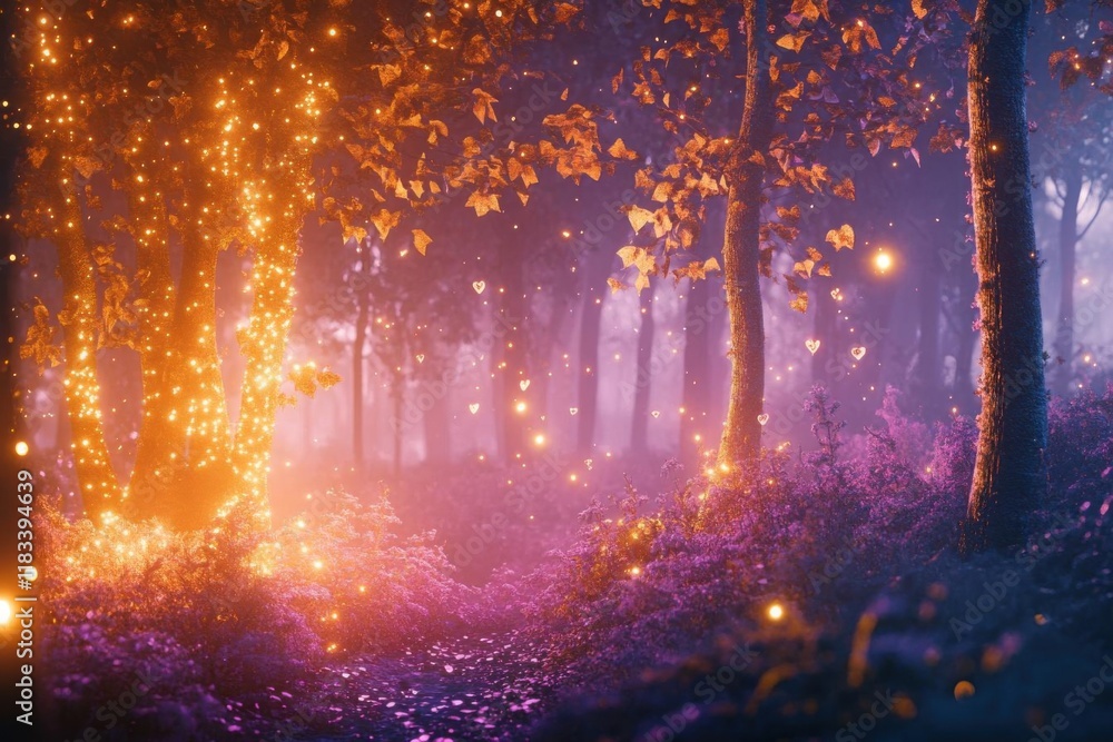 Enchanted Forest Glows with Fairy Lights and Hearts at Twilight, Magical Forest Theme. Enchanted Forest Glows with Fairy Lights and Hearts at Twilight, Magical Forest Theme.