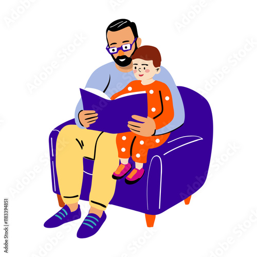 Dad reading story to kid, flat style sticker