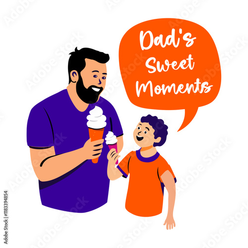 Dad son eating ice cream with dad sweet moments typography, flat sticker