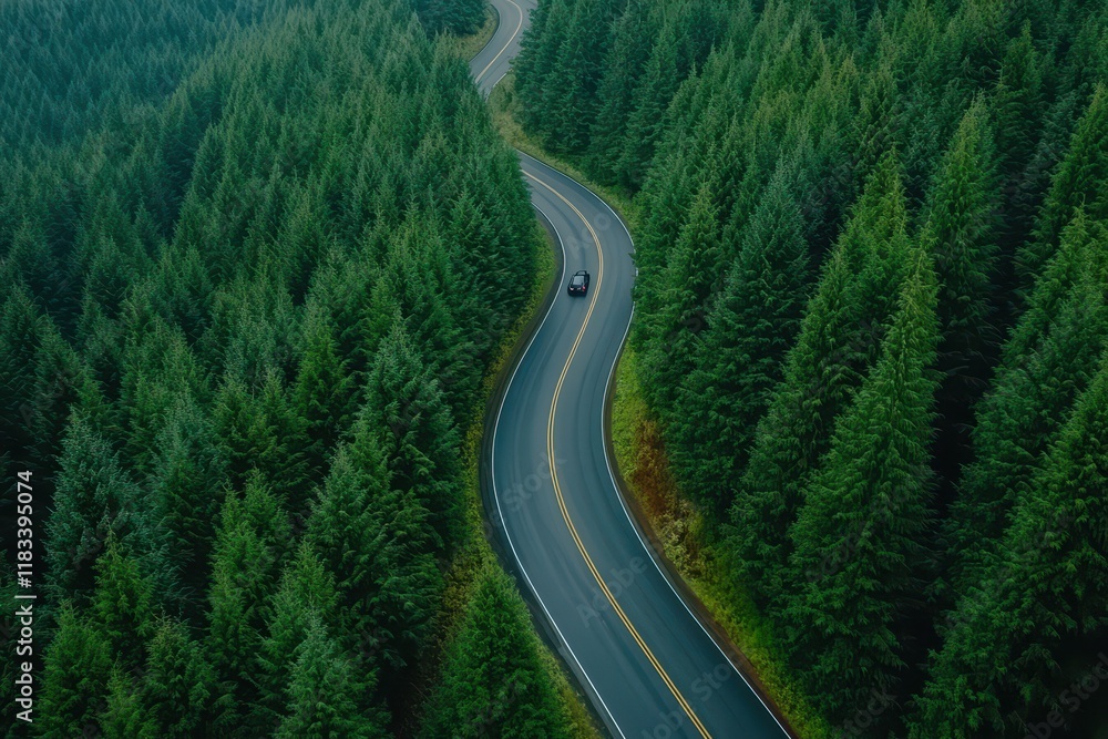 Car driving winding road, forest, aerial view, travel Car driving winding road, forest, aerial view, travel