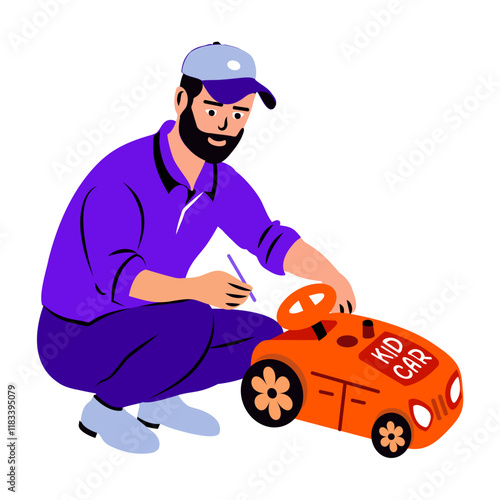 A flat sticker of dad fixing toy