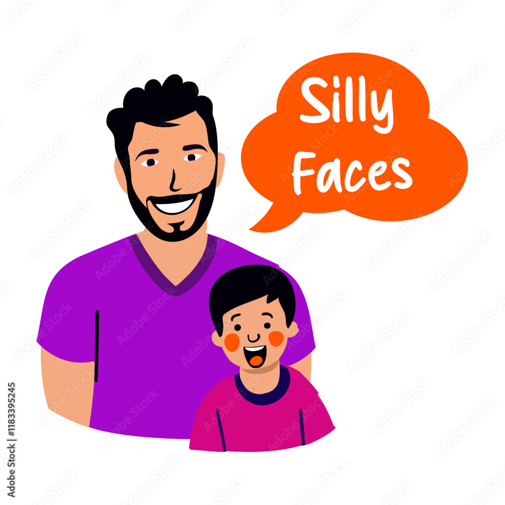 A flat sticker depicting father and son making silly faces A flat sticker depicting father and son making silly faces