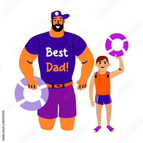 Protective dad and son holding rescue rings, flat sticker