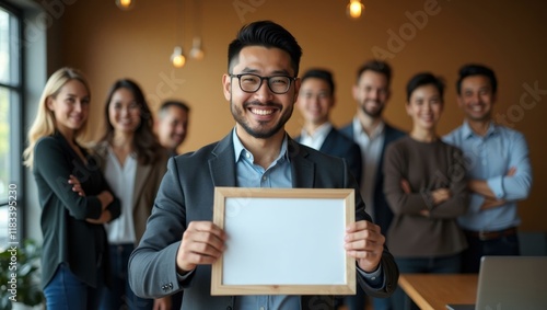 Man smiling with pride holding framed certificate of tech innovation Smiling Asian man launching a tech app with his team