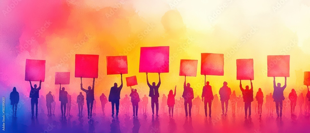 A colorful scene depicting a crowd holding blank signs against a vibrant, abstract background, symbolizing protest and unity. A colorful scene depicting a crowd holding blank signs against a vibrant, abstract background, symbolizing protest and unity.