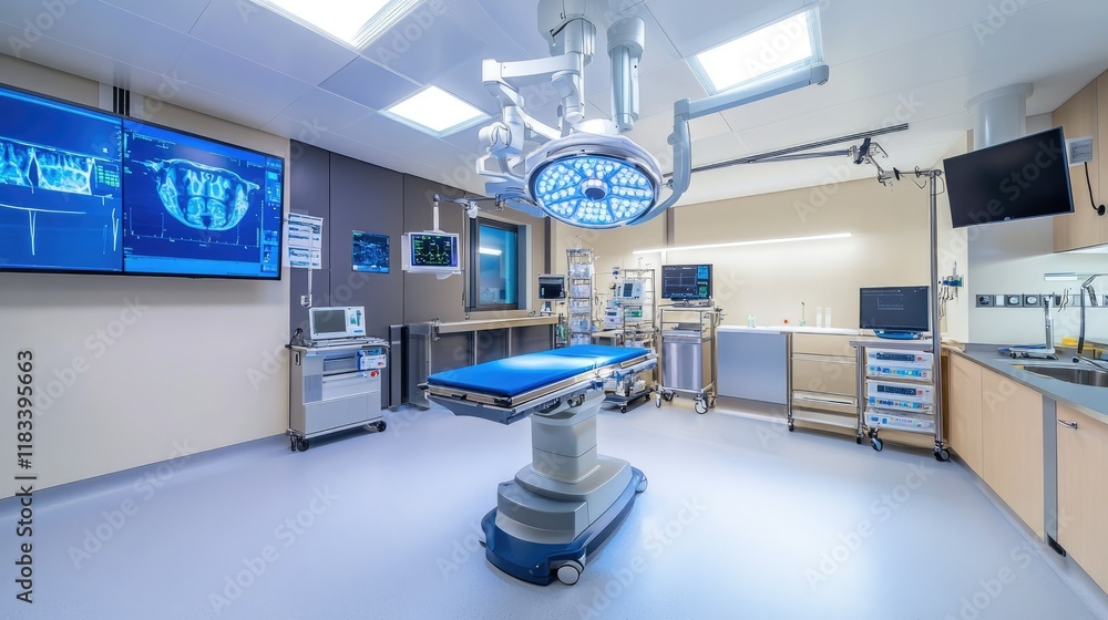 Robotic surgical arm in action in a modern operating room, no people, copy space available Robotic surgical arm in action in a modern operating room, no people, copy space available