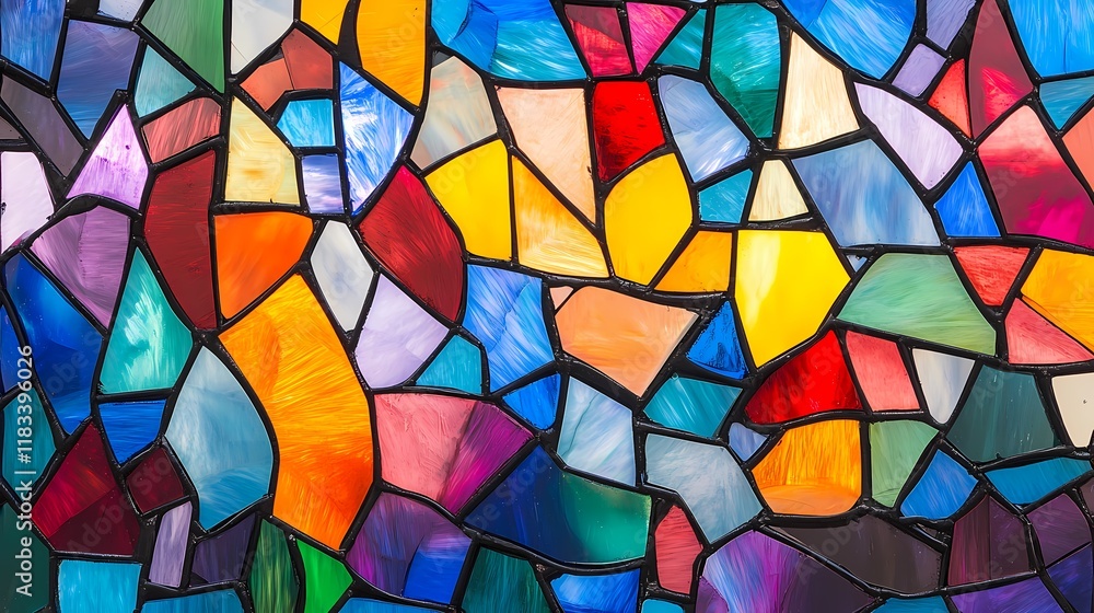 Colorful Stained Glass Mosaic Pattern Depicting Vibrant Geometric Shapes and Dynamic Color Transitions for Artistic Decor or Design Use Colorful Stained Glass Mosaic Pattern Depicting Vibrant Geometric Shapes and Dynamic Color Transitions for Artistic Decor or Design Use