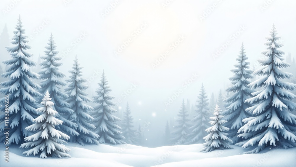 Naklejka premium A seamless pattern of snow-covered pine trees against a frosty winter sky. Delicate details and soft gradients evoke a tranquil forest scene, ideal for seasonal home textiles and products