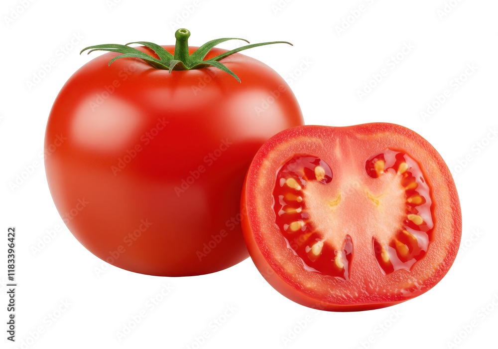 Whole fresh red tomato and a halved tomato showing juicy interior and seeds, isolated on white background Whole fresh red tomato and a halved tomato showing juicy interior and seeds, isolated on white background