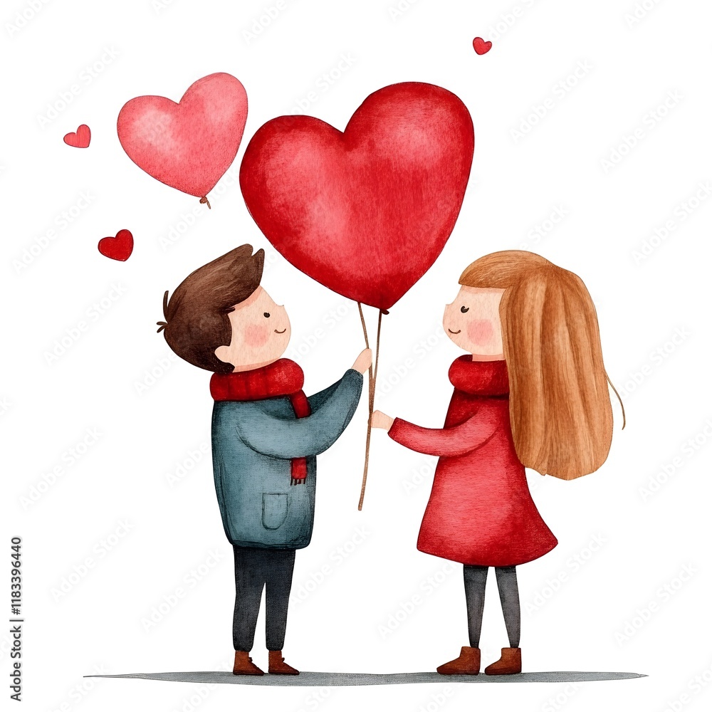 Young couple sharing love with heart balloons in playful illustration, Generative AI. Young couple sharing love with heart balloons in playful illustration, Generative AI.