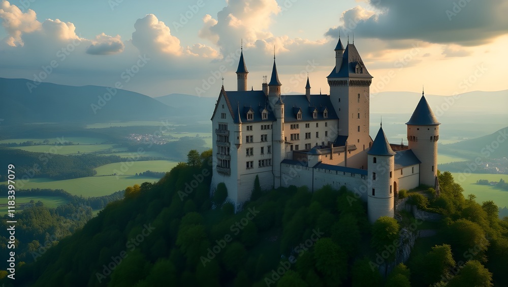 A historic castle or fort surrounded by lush greenery under a dramatic sky A historic castle or fort surrounded by lush greenery under a dramatic sky