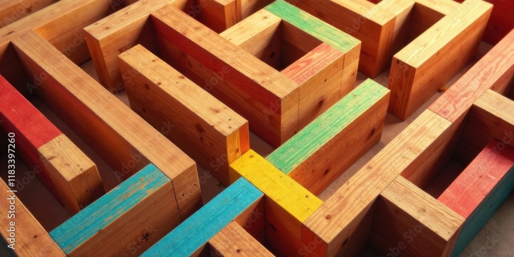 Colorful Wooden Labyrinth Puzzle A Complex Interlocking Design of Brightly Painted Blocks Colorful Wooden Labyrinth Puzzle A Complex Interlocking Design of Brightly Painted Blocks