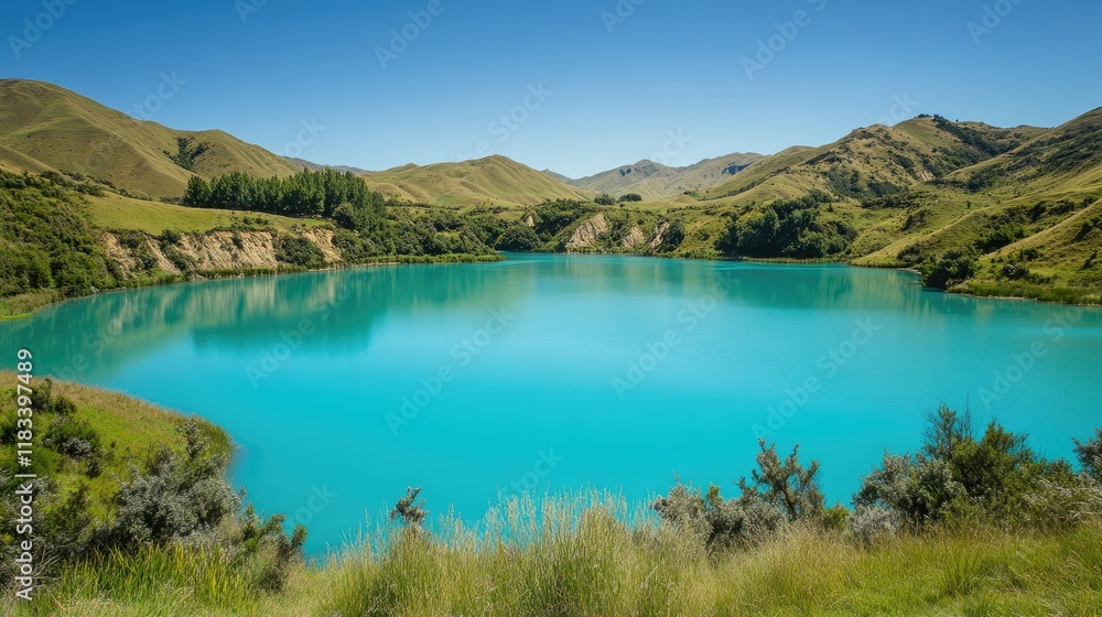 Naklejka premium Stunning turquoise lake surrounded by lush green hills, reflecting the clear sky, no people, ample copy space