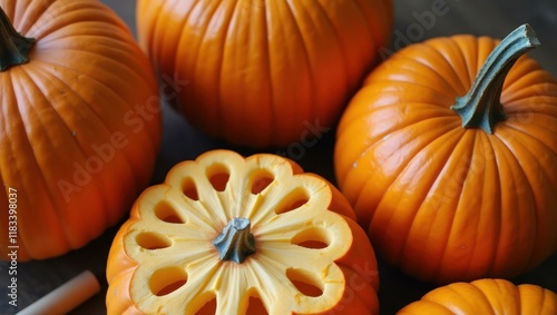 Close-up pile of assorted pumpkin carving tools and stencil designs Smiling Caucasian grandparents carving pumpkins with grandkids