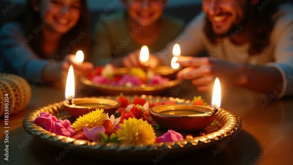 Fototapeta premium Close-up thali containing divine offerings adorned with flowers and religious symbols Smiling Middle Eastern family lighting candles for Diwali