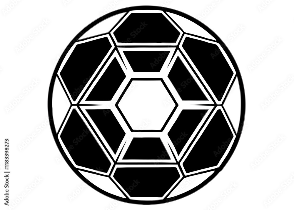 Fototapeta premium soccer ball, simple black and white illustration, geometric pattern, hexagons and pentagons, iconic sports equipment, minimalist design, clean lines, spherical shape, classic football, vector graphic 