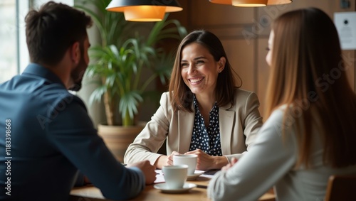 Cozy capture of team members collaborating over coffee discussing design tweaks and improvements Smiling Middle Eastern woman closing a business deal at a conference