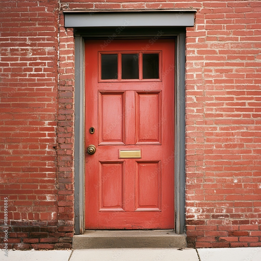 Red Door on Brick Wall: Classic Architectural Detail Red Door on Brick Wall: Classic Architectural Detail