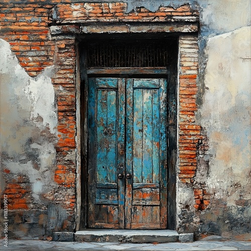 Weathered Blue Door in Old Brick Building photo