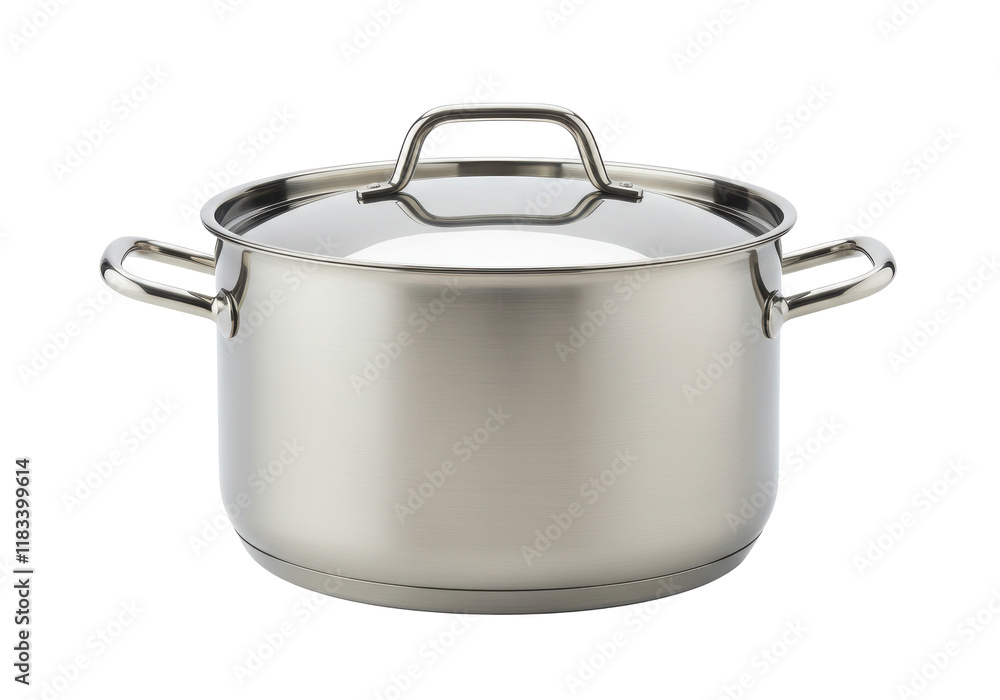 Shiny stainless steel cooking pot with two side handles and a fitted lid, isolated on white background Shiny stainless steel cooking pot with two side handles and a fitted lid, isolated on white background