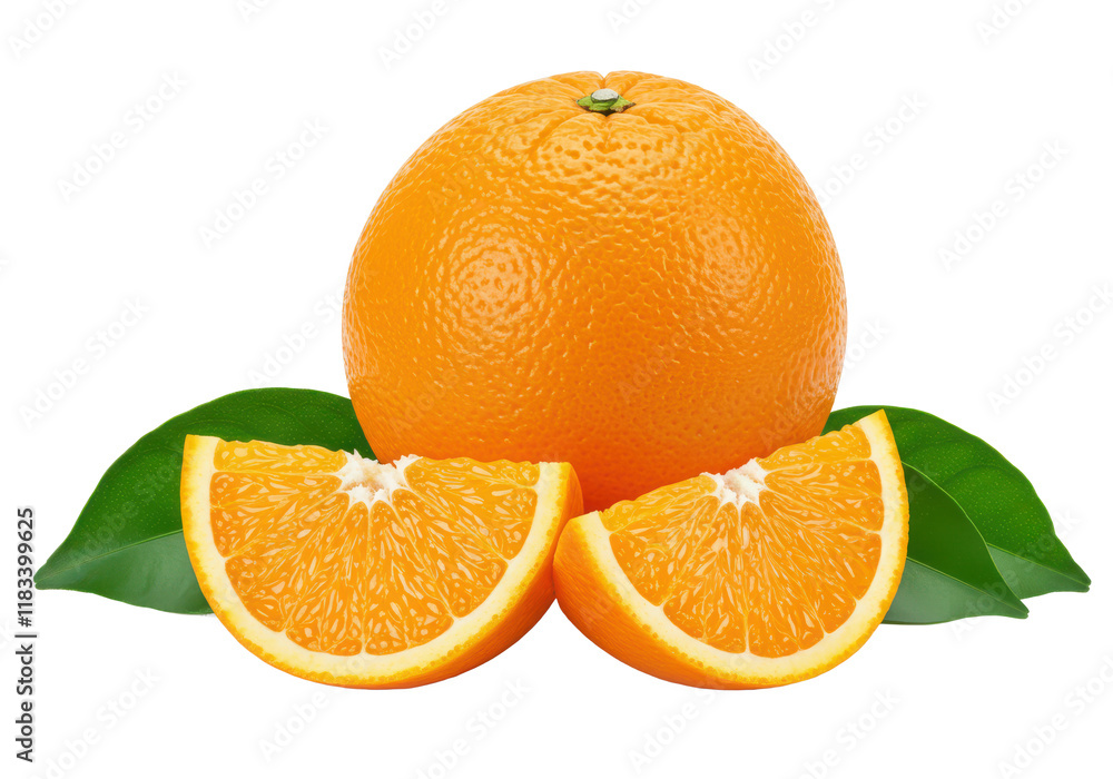 A whole orange and an orange wedge placed together with fresh green leaves, isolated on white background A whole orange and an orange wedge placed together with fresh green leaves, isolated on white background