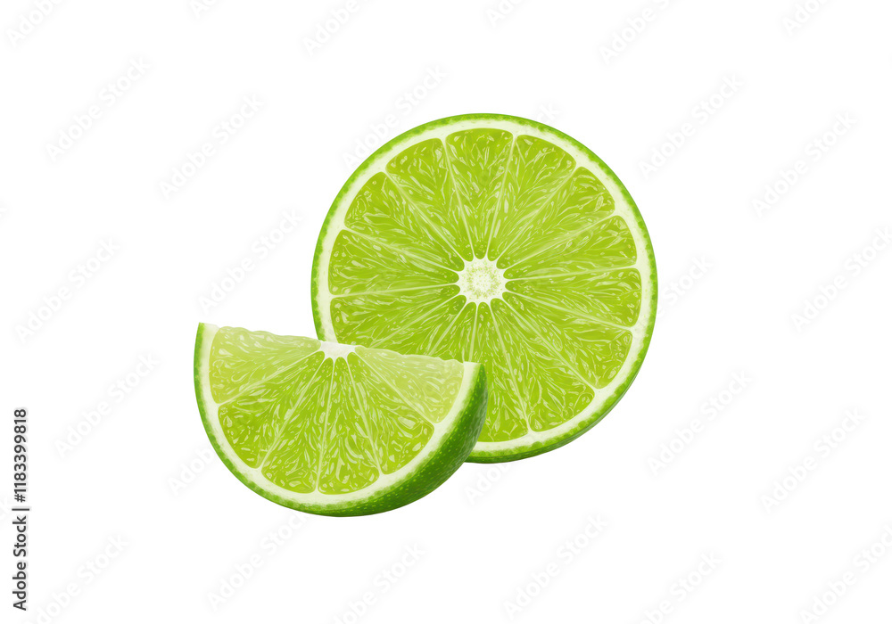 A halved lime and a quarter lime slice with vibrant green color and juicy texture, isolated on white background A halved lime and a quarter lime slice with vibrant green color and juicy texture, isolated on white background