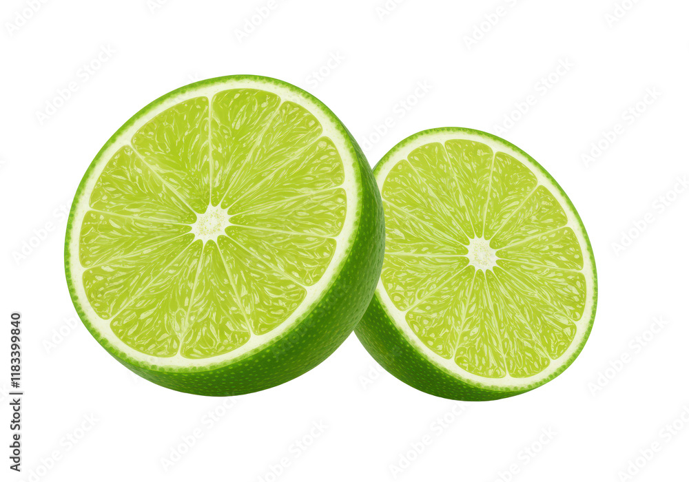 A halved lime and a quarter lime slice with vibrant green color and juicy texture, isolated on white background A halved lime and a quarter lime slice with vibrant green color and juicy texture, isolated on white background