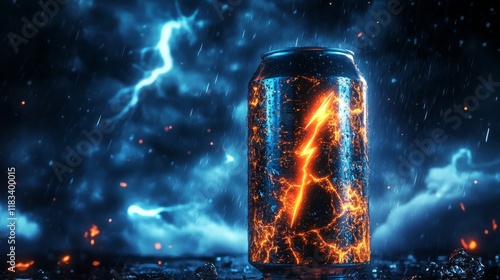 Energy Drink Can Glowing with Lightning During a Stormy Night. photo