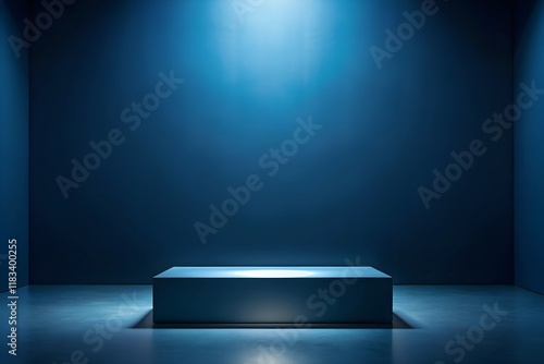 dark blue studio with a concrete floor and soft blue lighting, providing a well-edited backdrop for product displays and text on wall