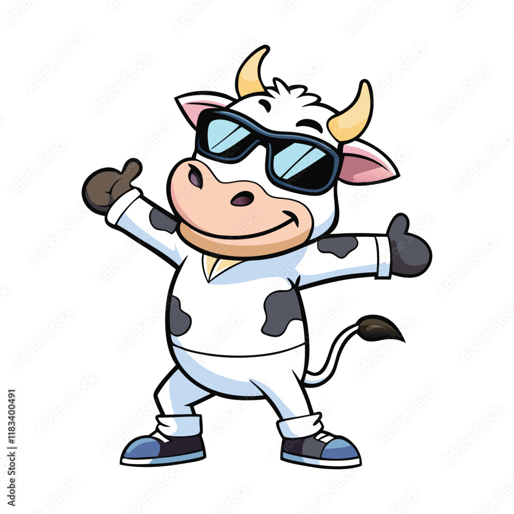 Fototapeta premium Cartoon cute cow is in enjoying pose wearing sunglass vector art illustration.eps