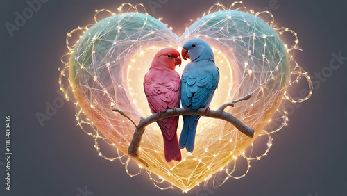 Two Lovebirds Perched Inside a Glowing Heart Outline, Stitched in Soft Pastel Colors with Radiant White and Silver Thread Details, Perfect for Valentine’s Day, AI-generated photo