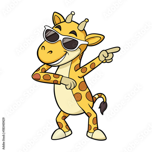 Cartoon giraffe is in dabbing pose wearing sunglass vector art illustration