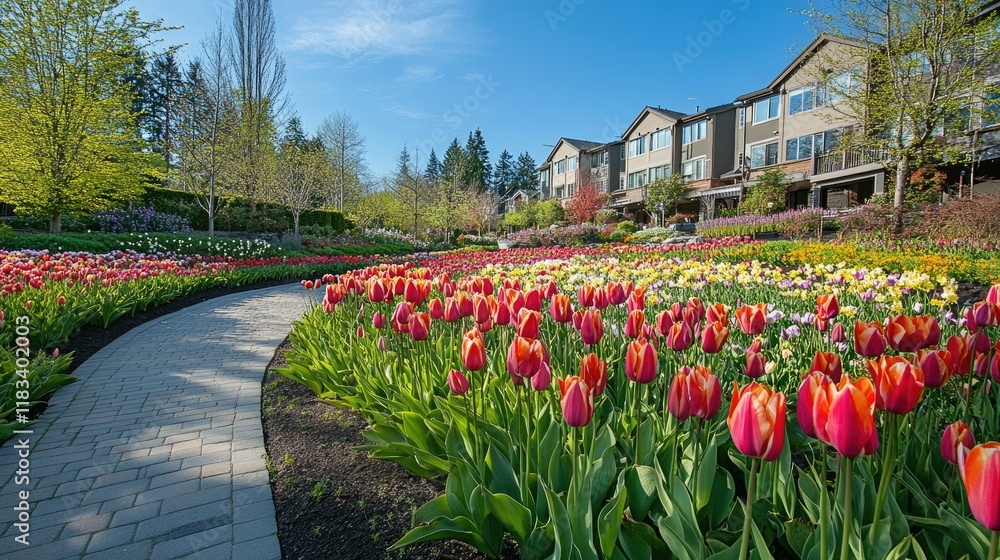 Fototapeta premium Wide-angle view of tulip garden pathways lined with colorful flowers, no people, ample copy space for design