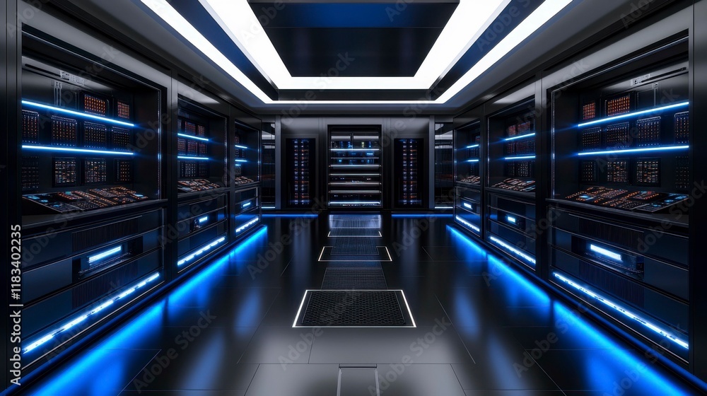 Obraz premium Futuristic representation of energy efficiency in computing, with glowing processors and sustainable power systems seamlessly integrated into smart environments