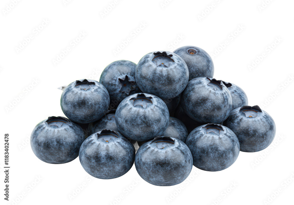 A pile of fresh, plump blueberries with a few green leaves, isolated on white background A pile of fresh, plump blueberries with a few green leaves, isolated on white background