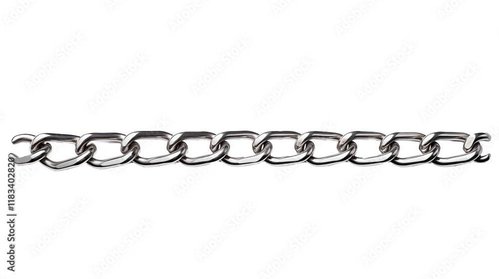 A straight metallic chain with shiny links arranged neatly on a plain background, symbolizing strength, connection, or industrial use A straight metallic chain with shiny links arranged neatly on a plain background, symbolizing strength, connection, or industrial use
