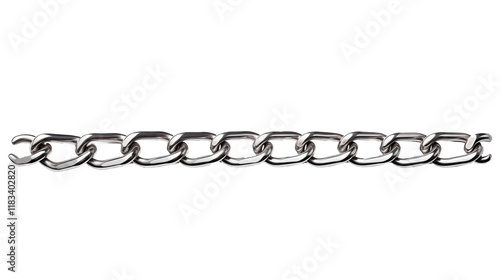 A straight metallic chain with shiny links arranged neatly on a plain background, symbolizing strength, connection, or industrial use	 photo