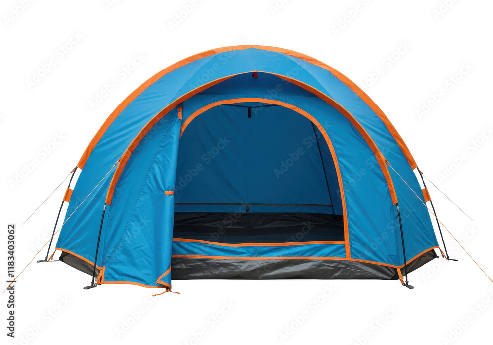 Blue and orange dome-shaped camping tent with an open entrance, isolated on white background Blue and orange dome-shaped camping tent with an open entrance, isolated on white background