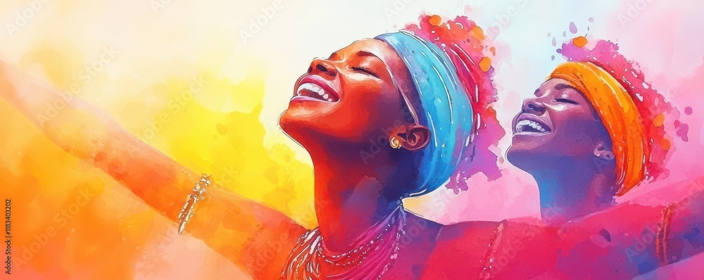 Fototapeta premium Two joyful women in vibrant attire embrace color and happiness, celebrating life with arms outstretched against a bright, colorful background.