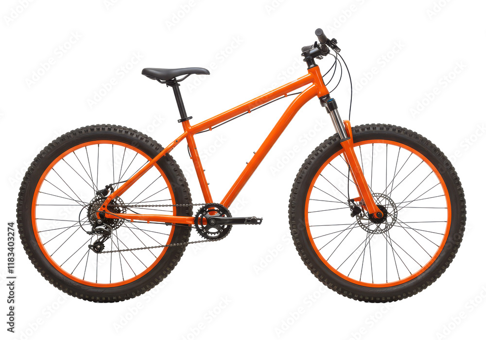 Fototapeta premium A bright orange mountain bike with thick tires and a lightweight frame, isolated on a white background