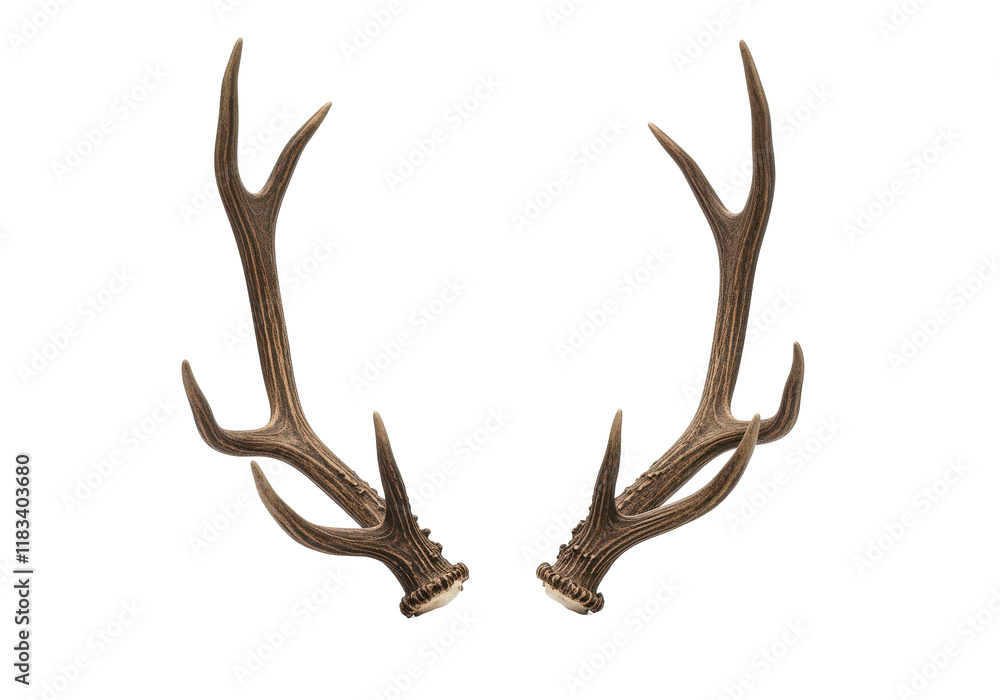 A pair of natural deer antlers with intricate curves and a rugged texture, isolated on a white background A pair of natural deer antlers with intricate curves and a rugged texture, isolated on a white background