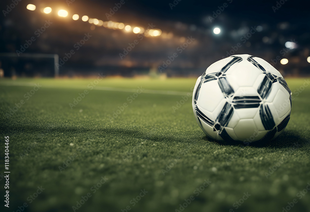 Obraz premium close field space copy football night soccer succeed turf lawn goal team yard play game floor green pitch match grass light